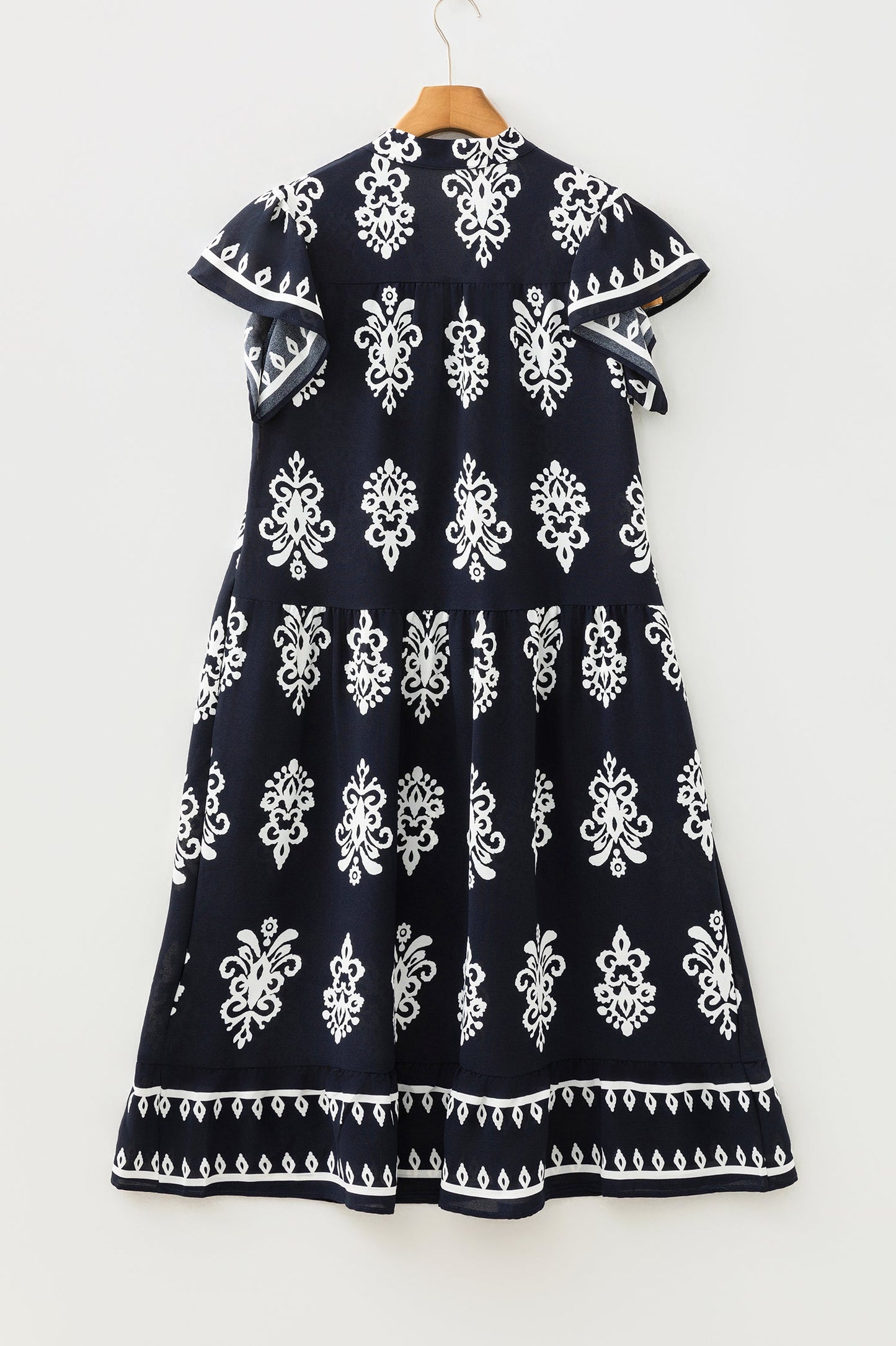 Blue Western Ethnic Print Notched Neck Short Sleeve Midi Dress