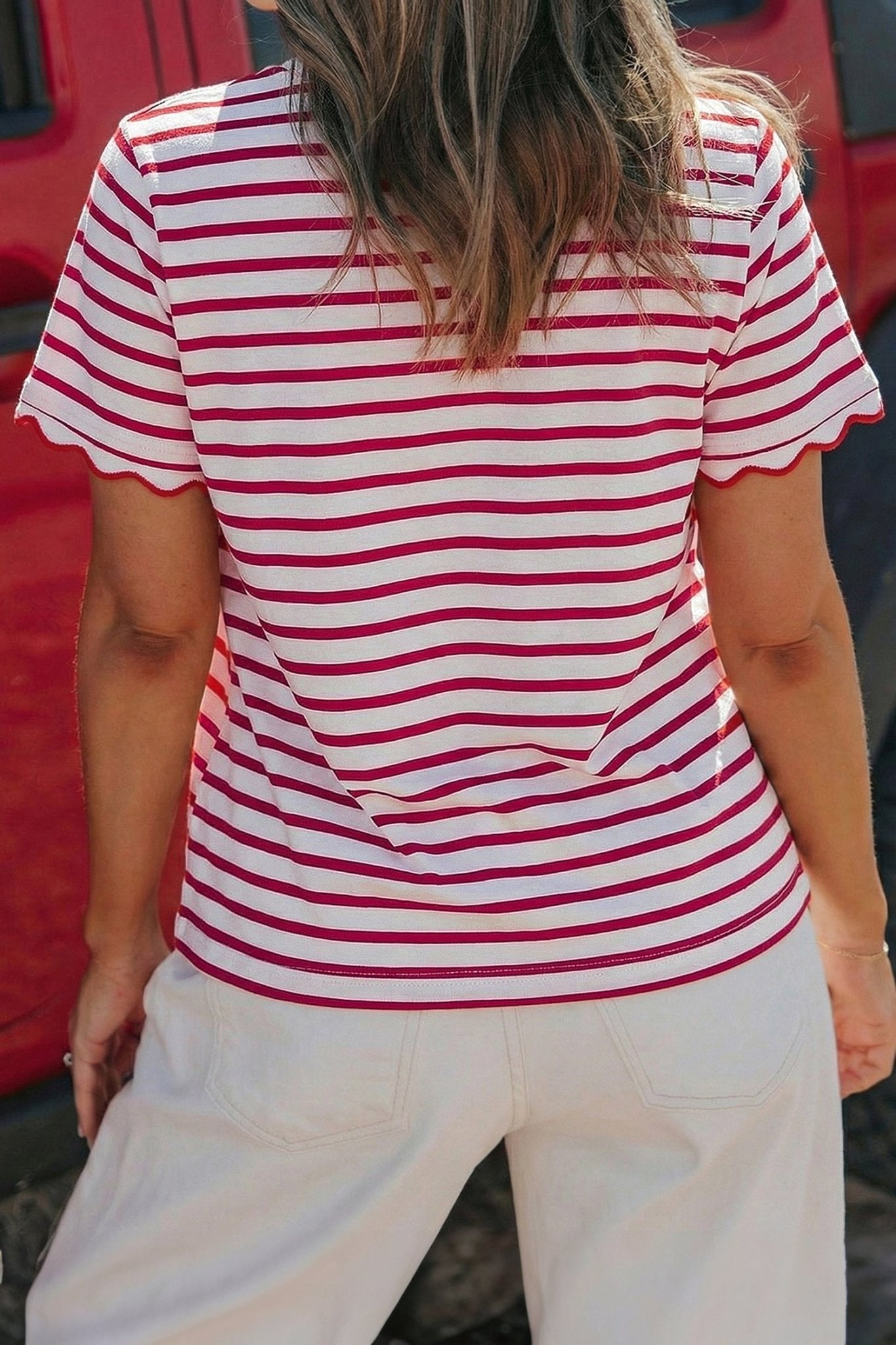 Red Stripe Scalloped Trim Round Neck T Shirt - Loving It Shop