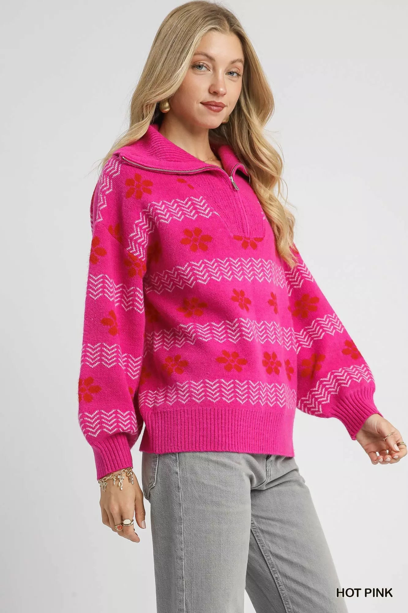 Floral Patterned Jacquard Quarter-Zip Pullover Sweater