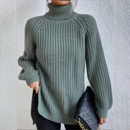 Turtleneck Pullover Sweater With Split Design Fashion Simple Solid Color Long Sleeve Tops Women&