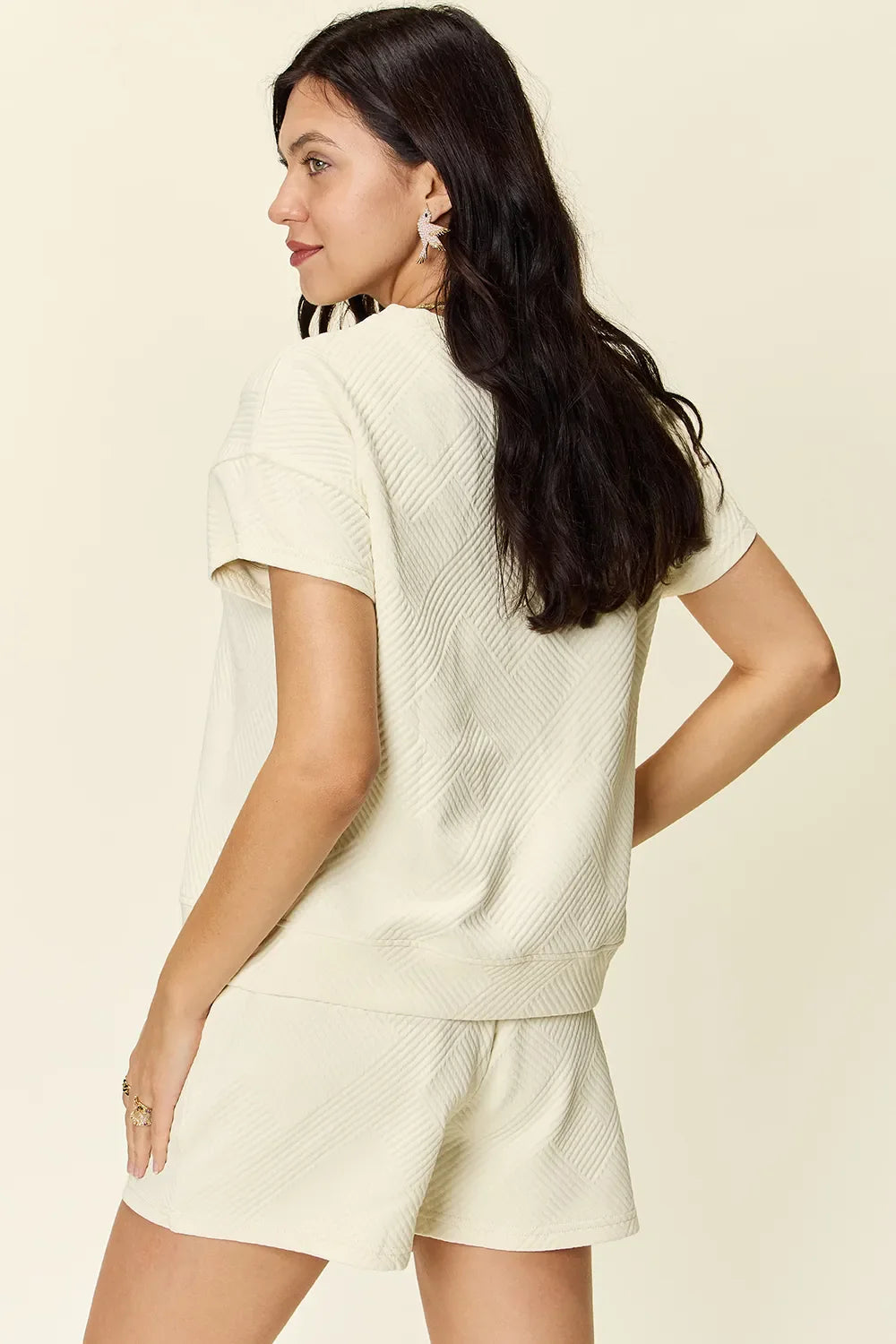 I am a Fashion Junky Full Size Texture Short Sleeve T-Shirt and Drawstring Shorts Set
