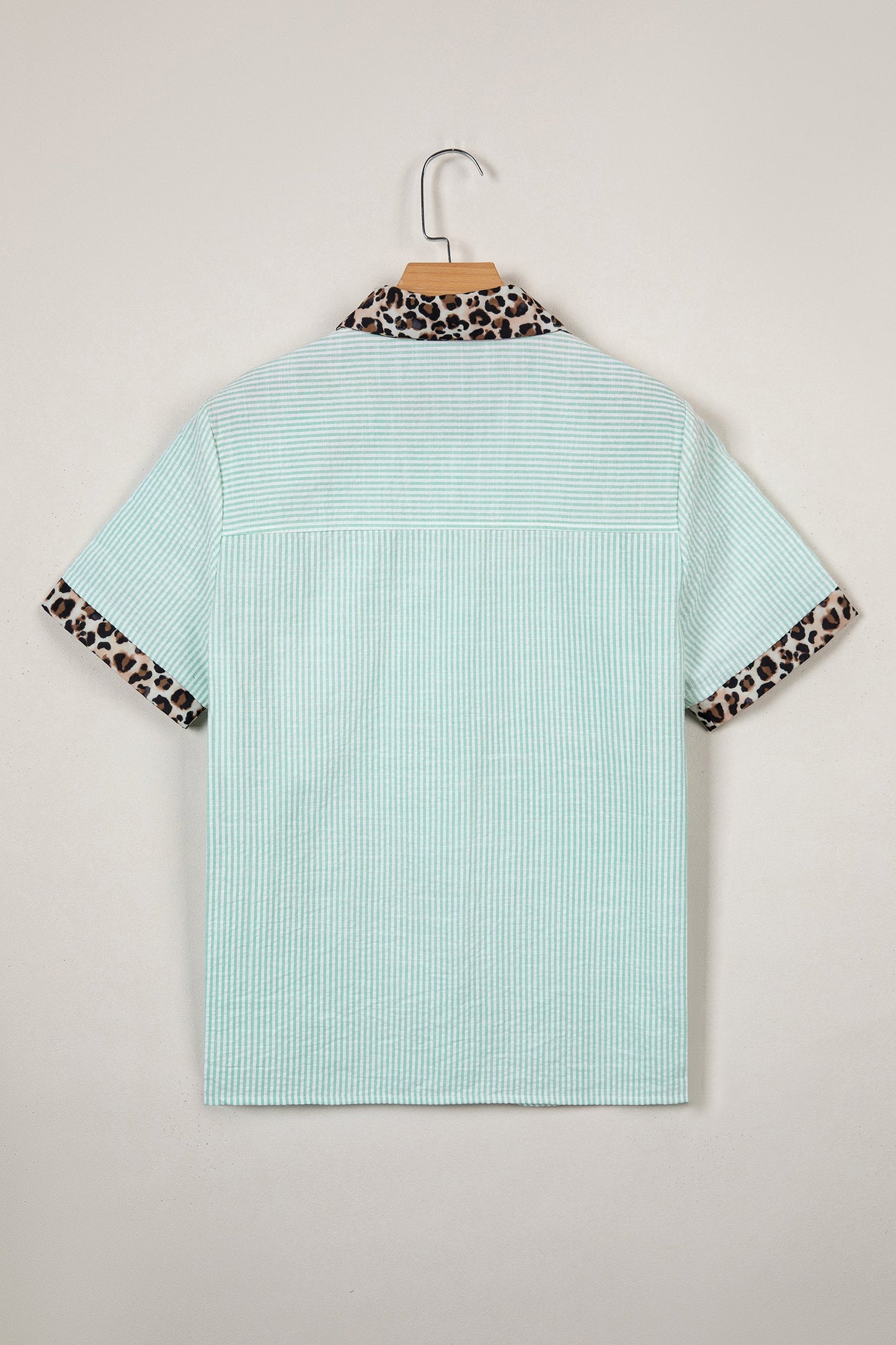 Green Stripe Leopard Contrast Collar Short Sleeve Shirt