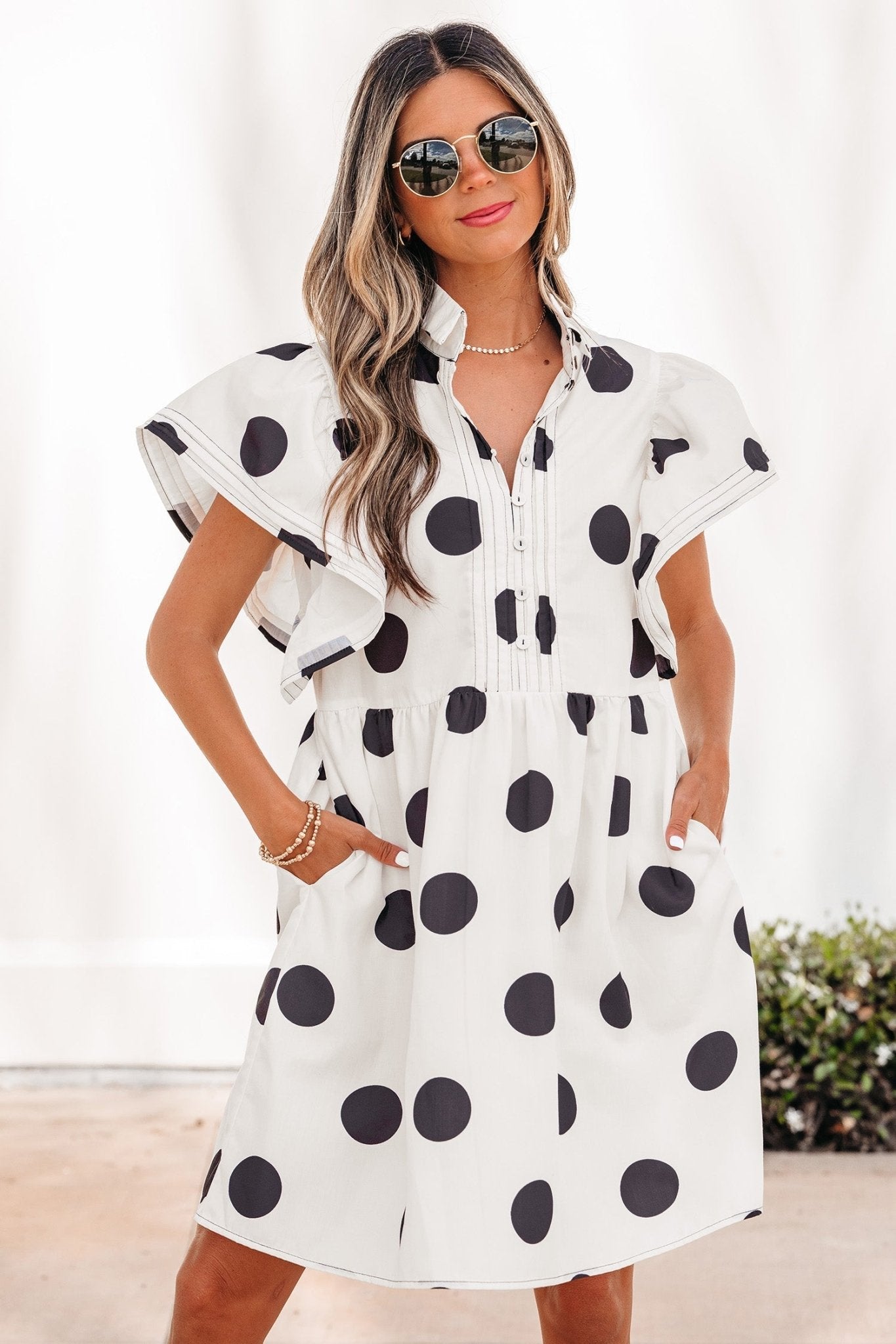 White Polka Dot Print Half Button Ruffled Short Sleeve Loose Mini Dress - Loving It Shop