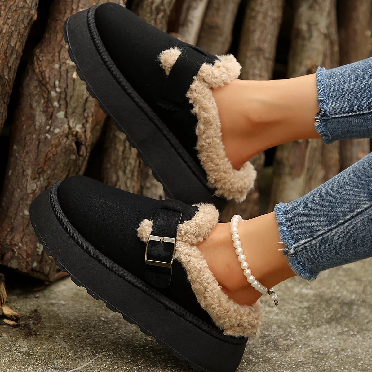 Fuzzy Trim Buckle Platform Slippers - Loving It Shop