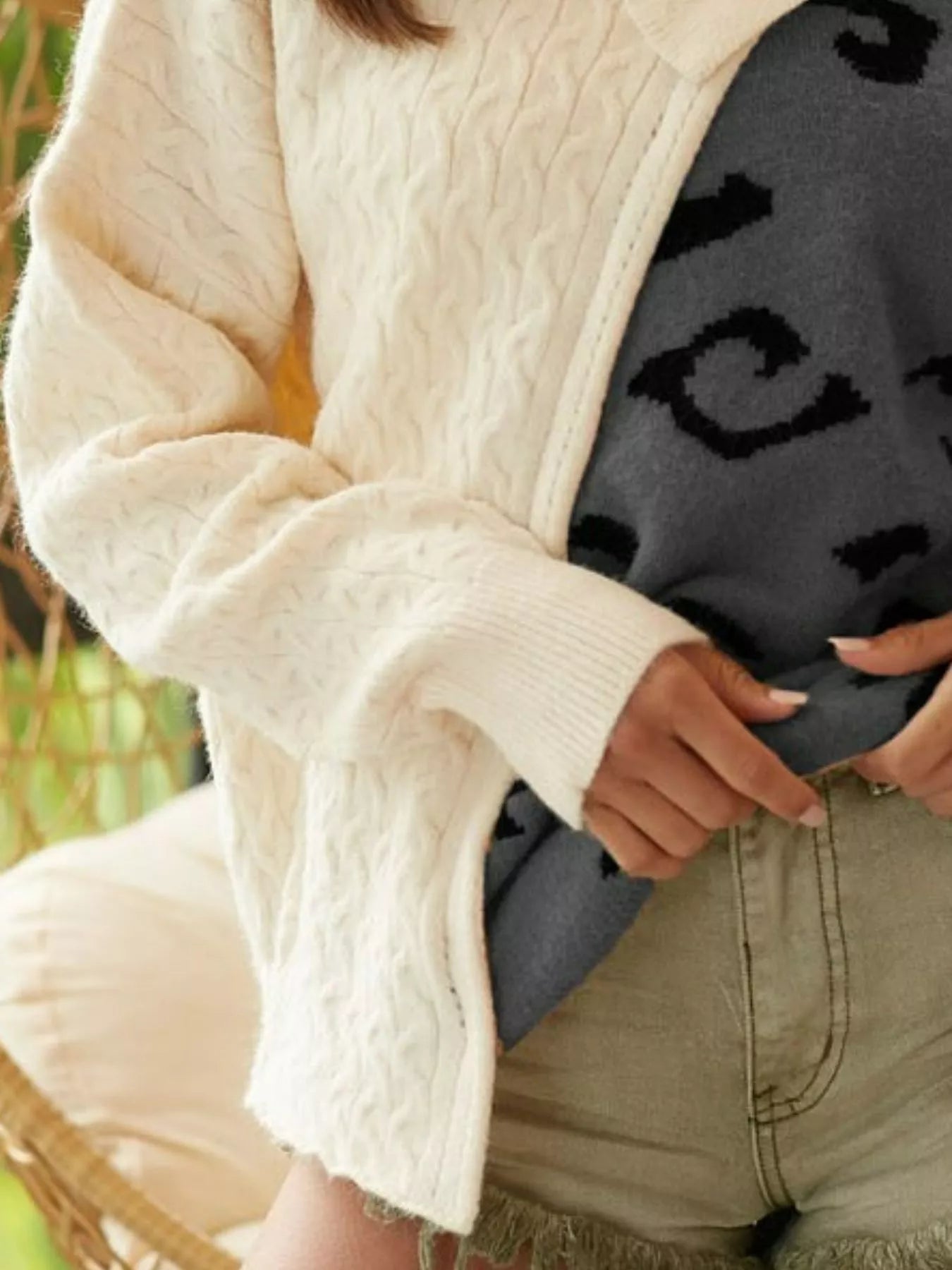 Cable-Knit Color Block One Shoulder Asymmetrical Sweater