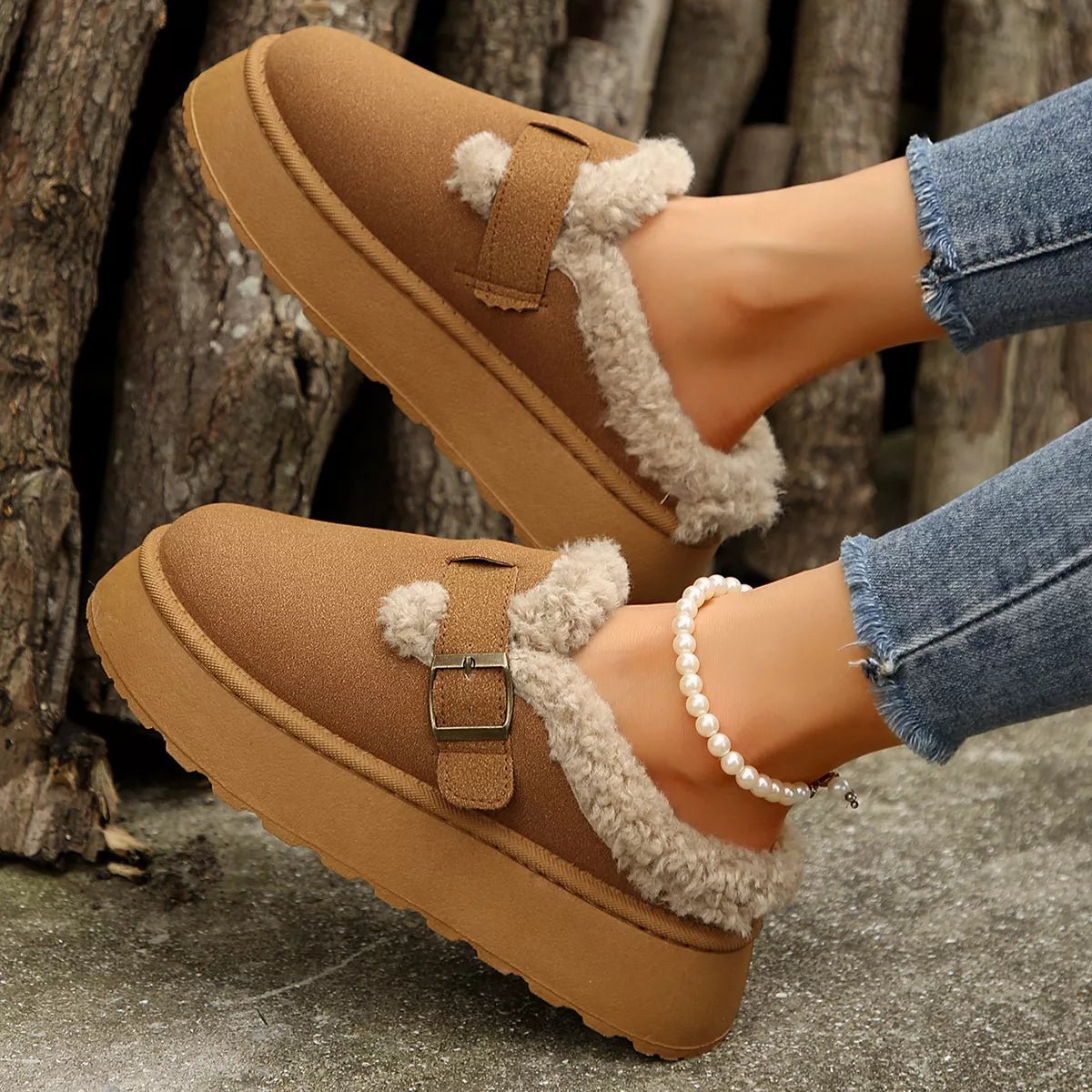 Fuzzy Trim Buckle Platform Slippers - Loving It Shop