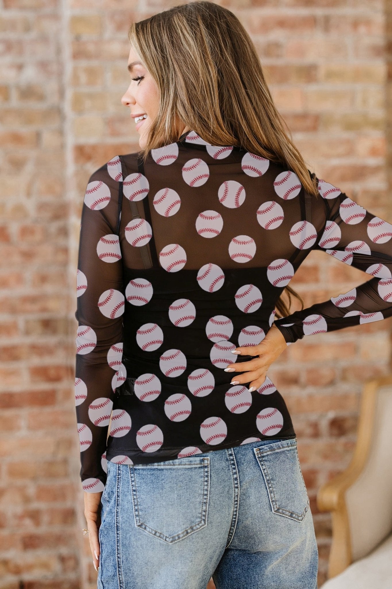 Black Baseball Game Day Sheer Mesh Long Sleeve Top - Loving It Shop