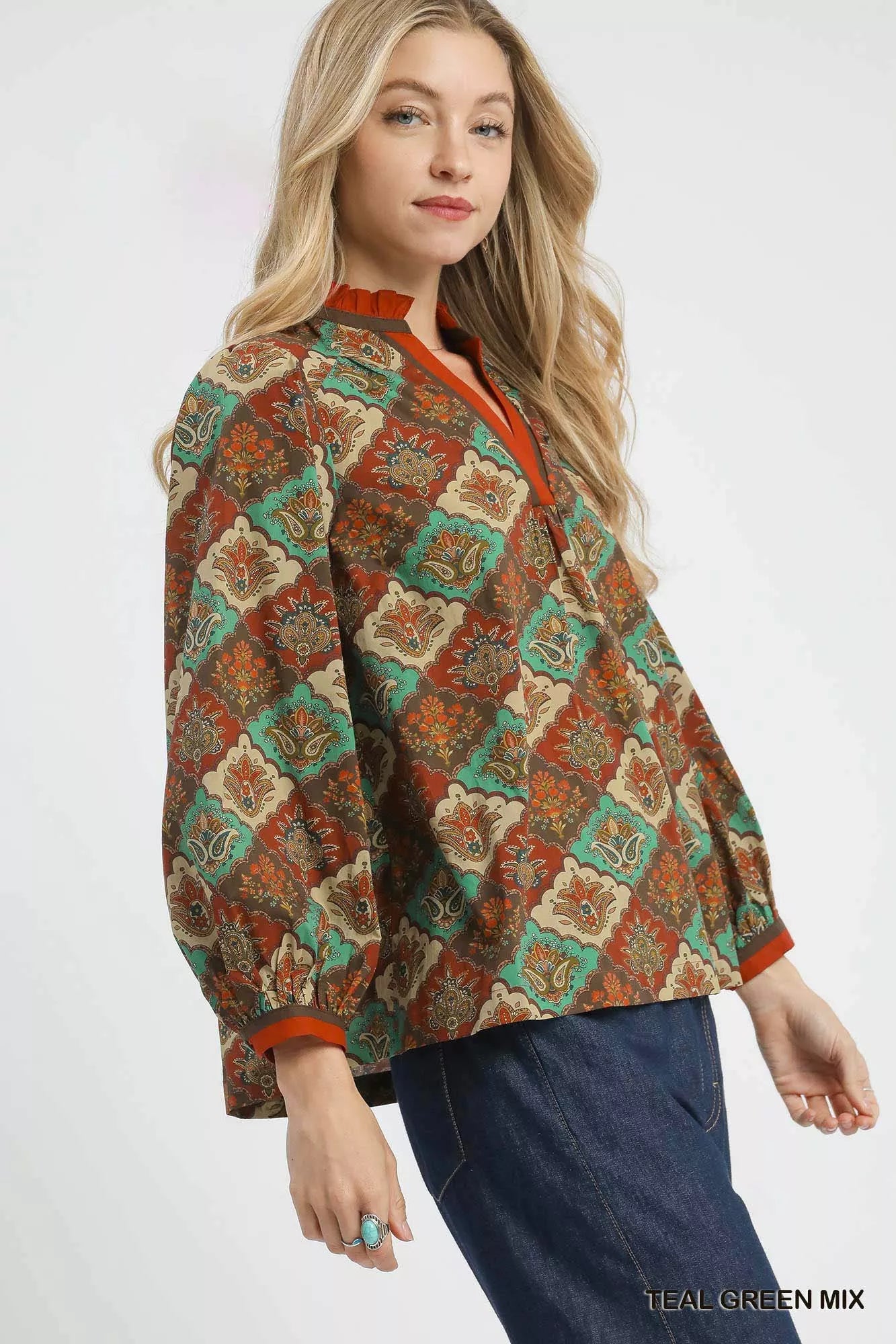 Abstract Print Ruffle Neck Top