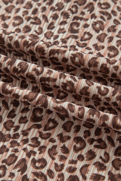 Brown Leopard Print Ribbed Patchwork Half Button Loose Tee Elastic Waist Short 2pcs Set - Loving It Shop