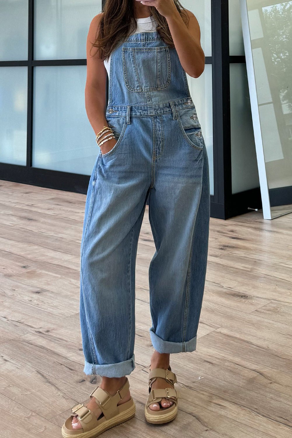 Dusk Blue Adjustable Buckle Barrel Denim Overalls - Loving It Shop