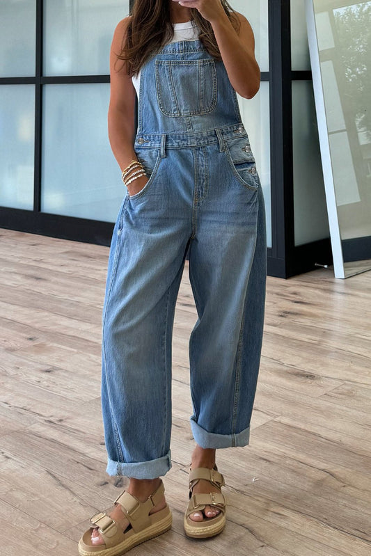 Dusk Blue Adjustable Buckle Barrel Denim Overalls - Loving It Shop