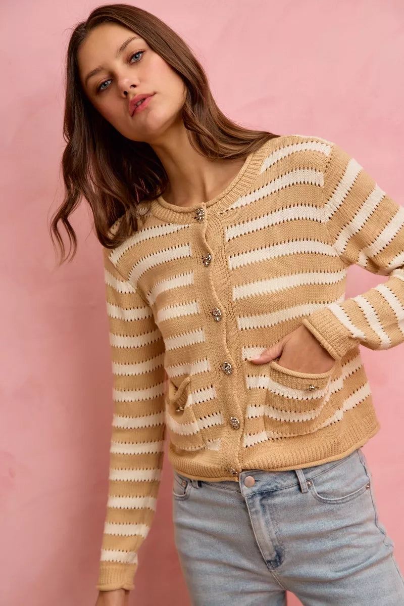 Stripe Long Sleeves Button Sweater Cardigan