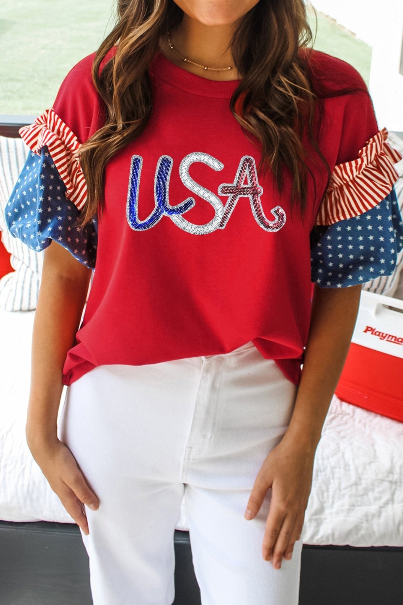 Fiery Red Sequin USA Lettering Patriotic Contrast Splicing Sleeve Top - Loving It Shop