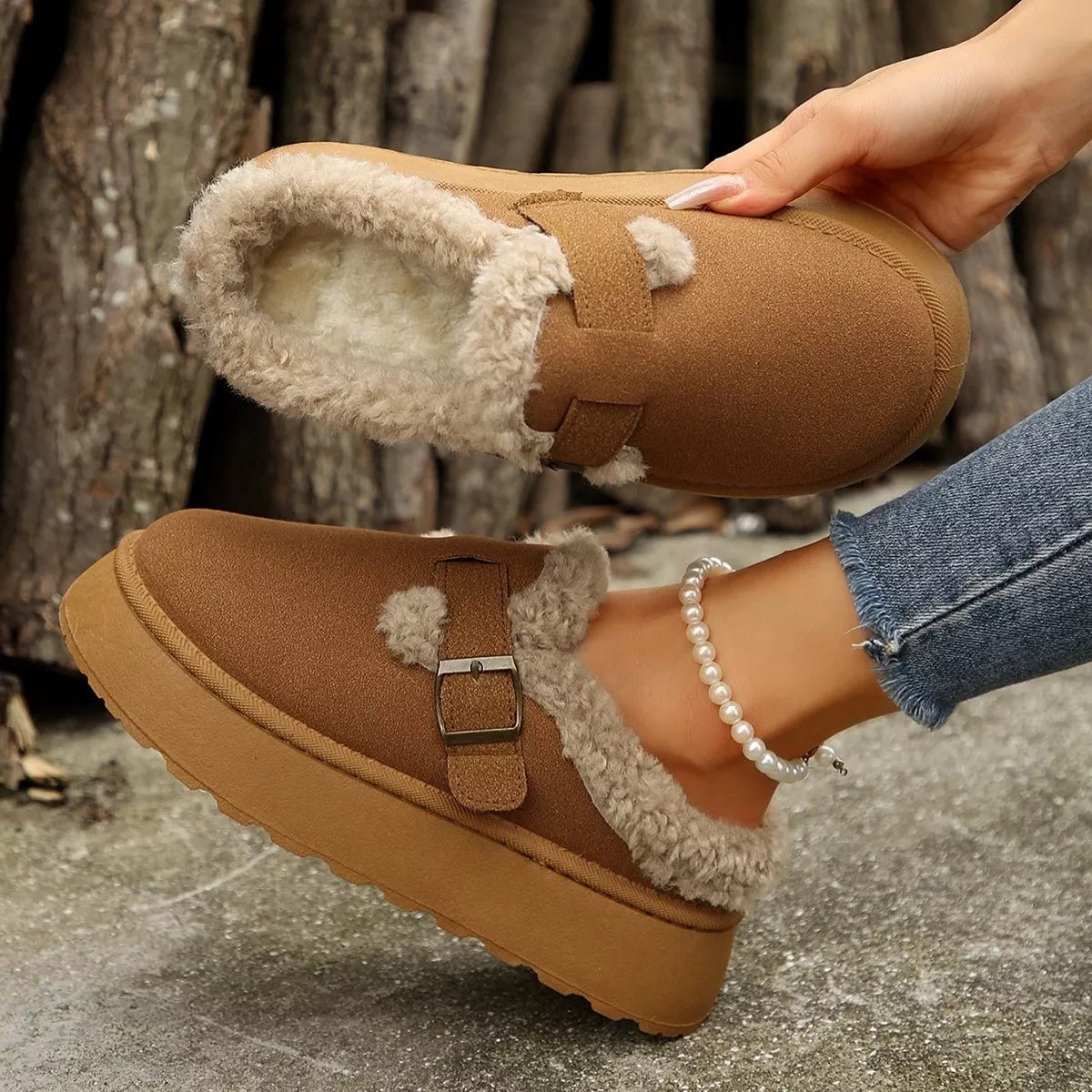 Fuzzy Trim Buckle Platform Slippers - Loving It Shop