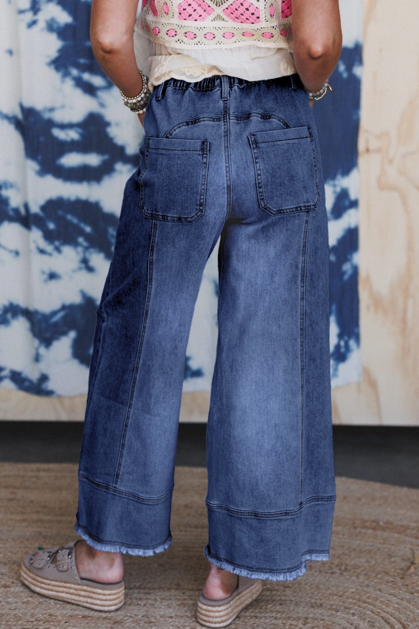 Prussian Blue Drawstring Seam Detail Raw Hem Wide Leg Denim Pants - Loving It Shop