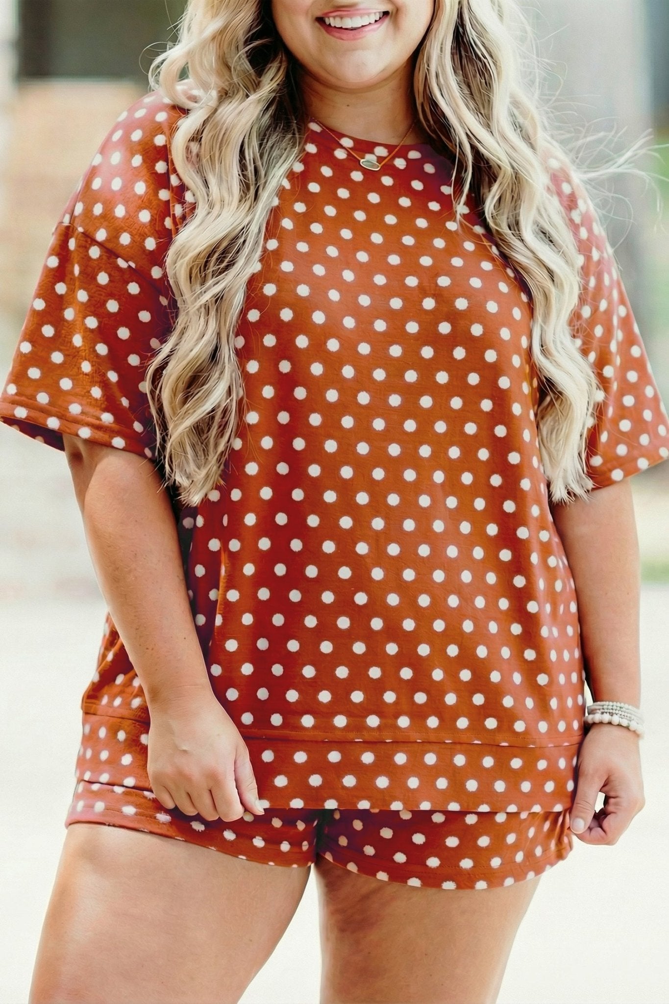 Brown Polka Dot Print Dropped Shoulder Tee Plus Size Short Set - Loving It Shop