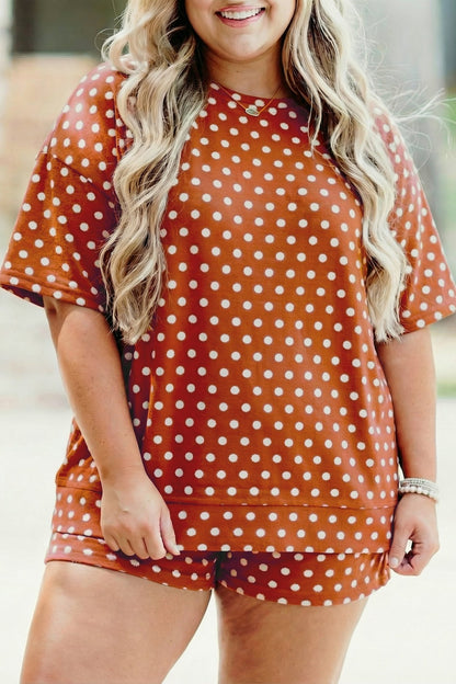 Brown Polka Dot Print Dropped Shoulder Tee Plus Size Short Set - Loving It Shop