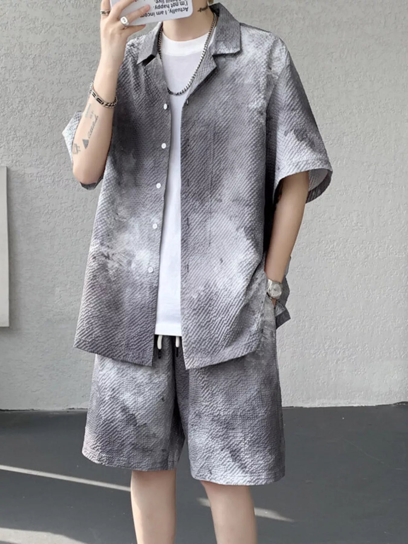 Men's Plus Size Tie-Dye Print Shirt and Shorts Set