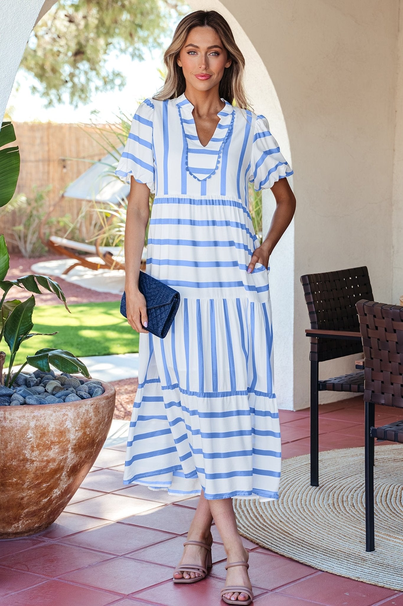 Sky Blue Stripe Ricrac Trim Notched Neck Half Sleeve Vacation Dress - Loving It Shop