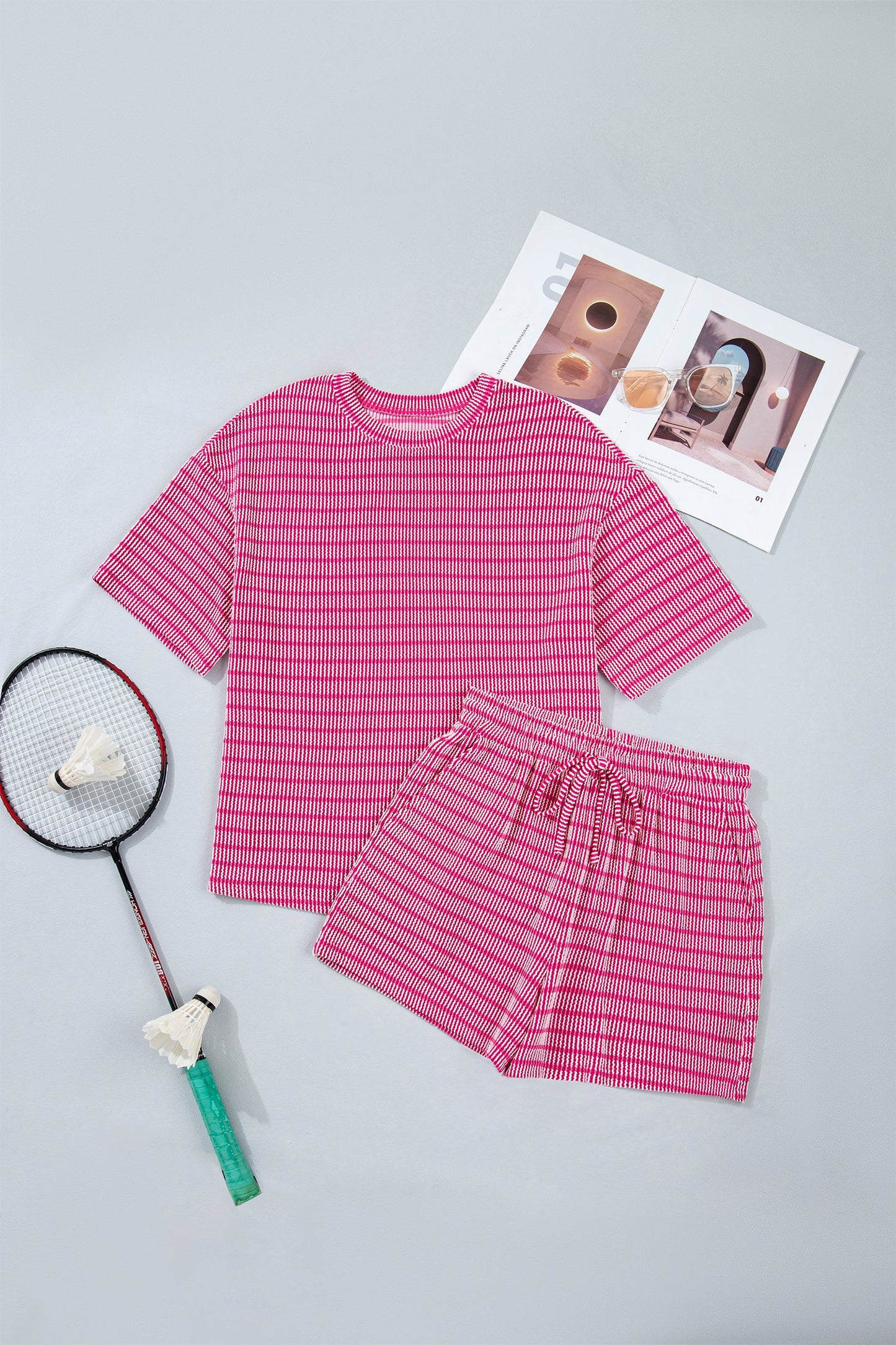 Rose Stripe Raised Rib Loose Tee Drawstring Elastic Waist 2pcs Short Set