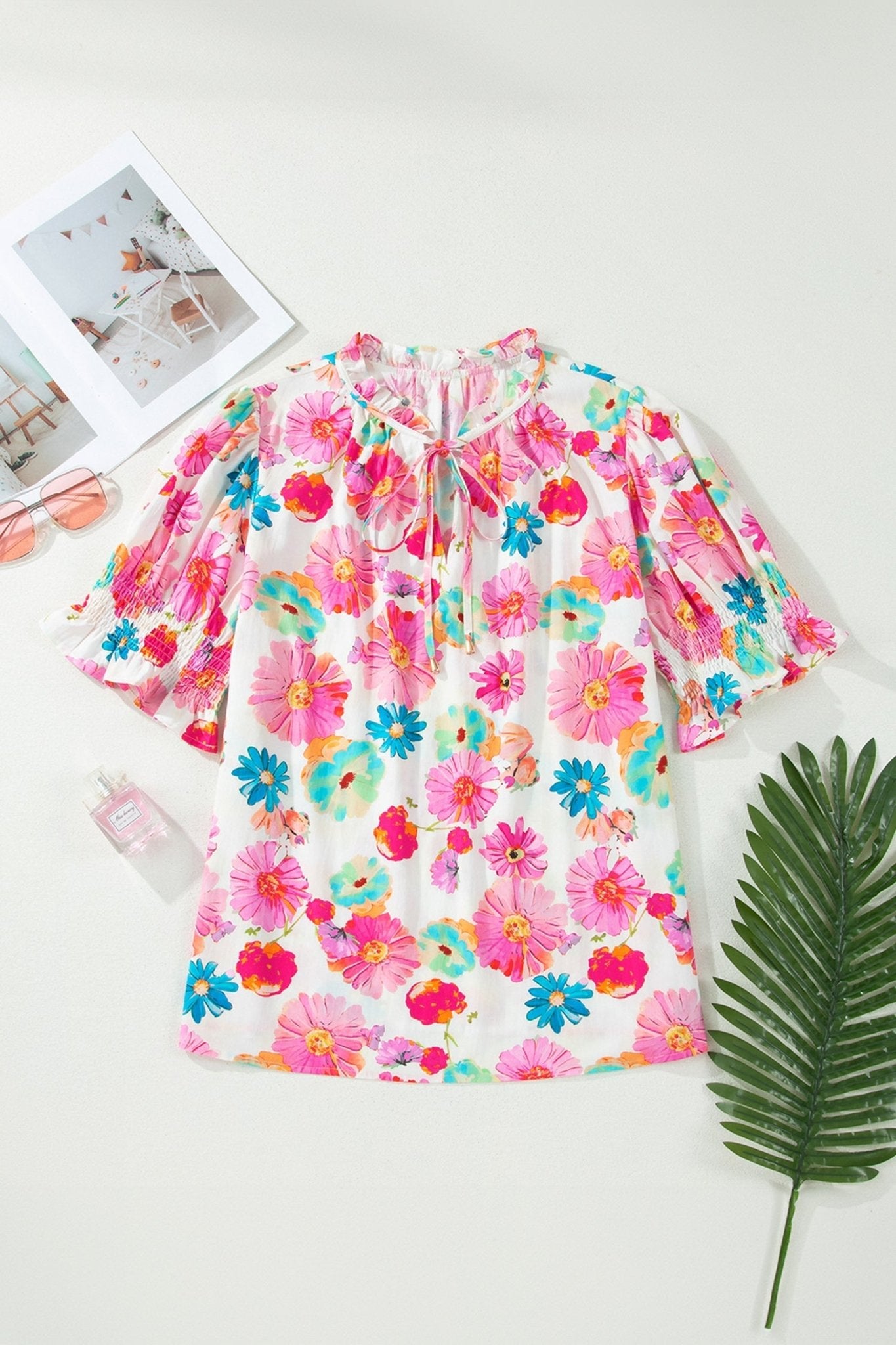 Pink Plus Size Floral Print Ruched Short Sleeve Blouse - Loving It Shop