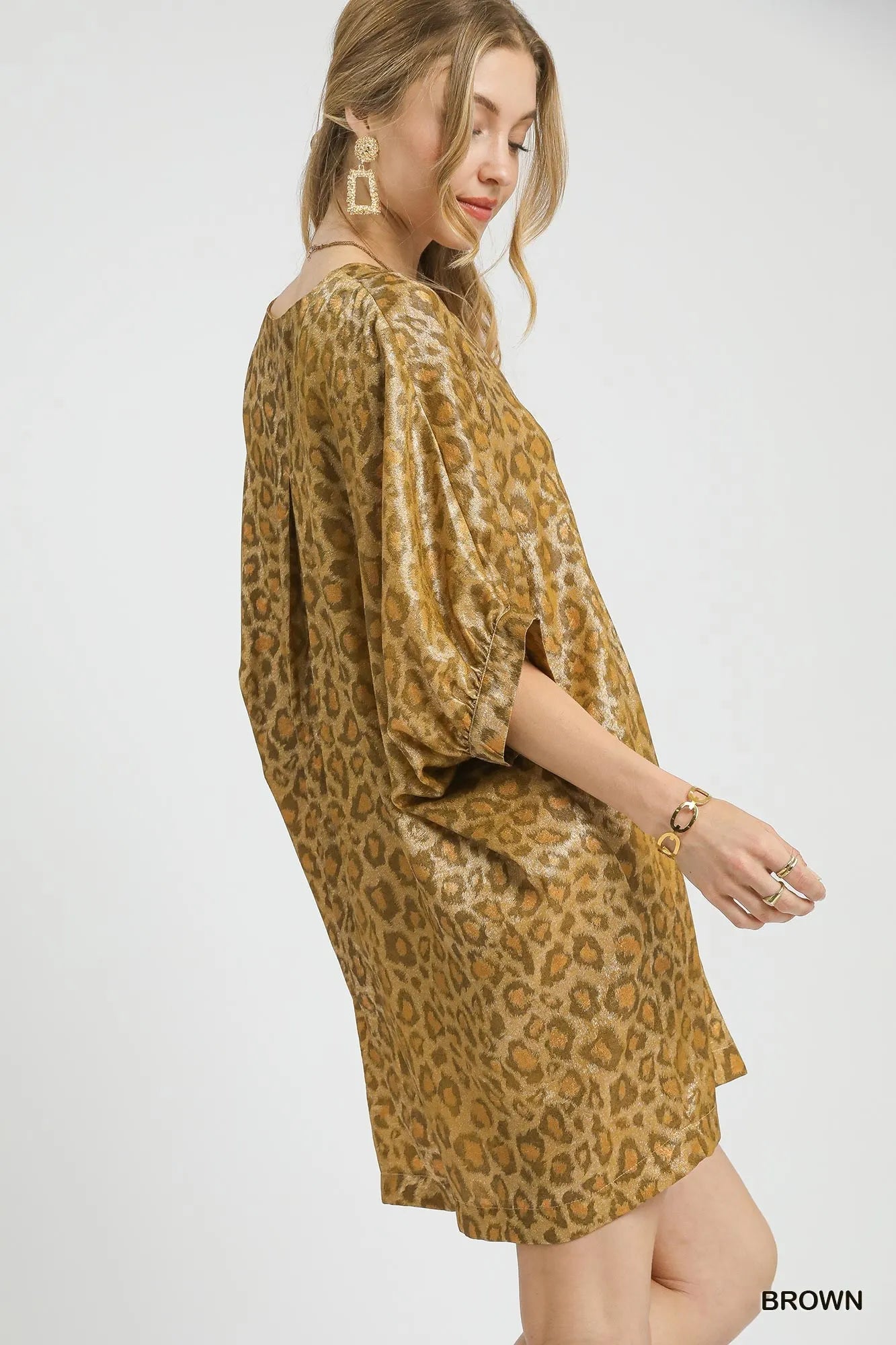 Metallic Leopard Print V-Neck Kimono Dress
