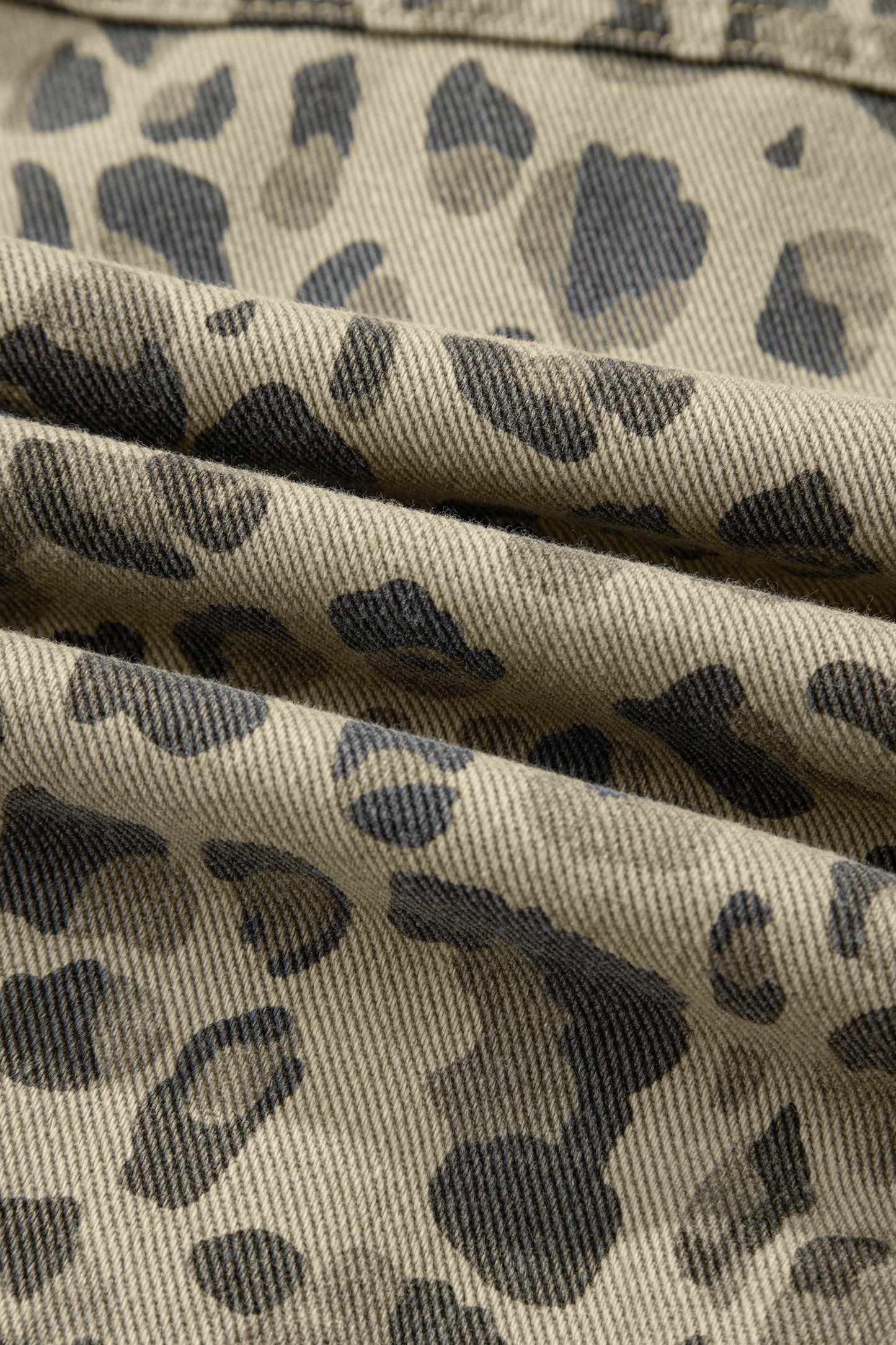 Khaki Retro Leopard Print Seam Detail Button Down Denim Jacket