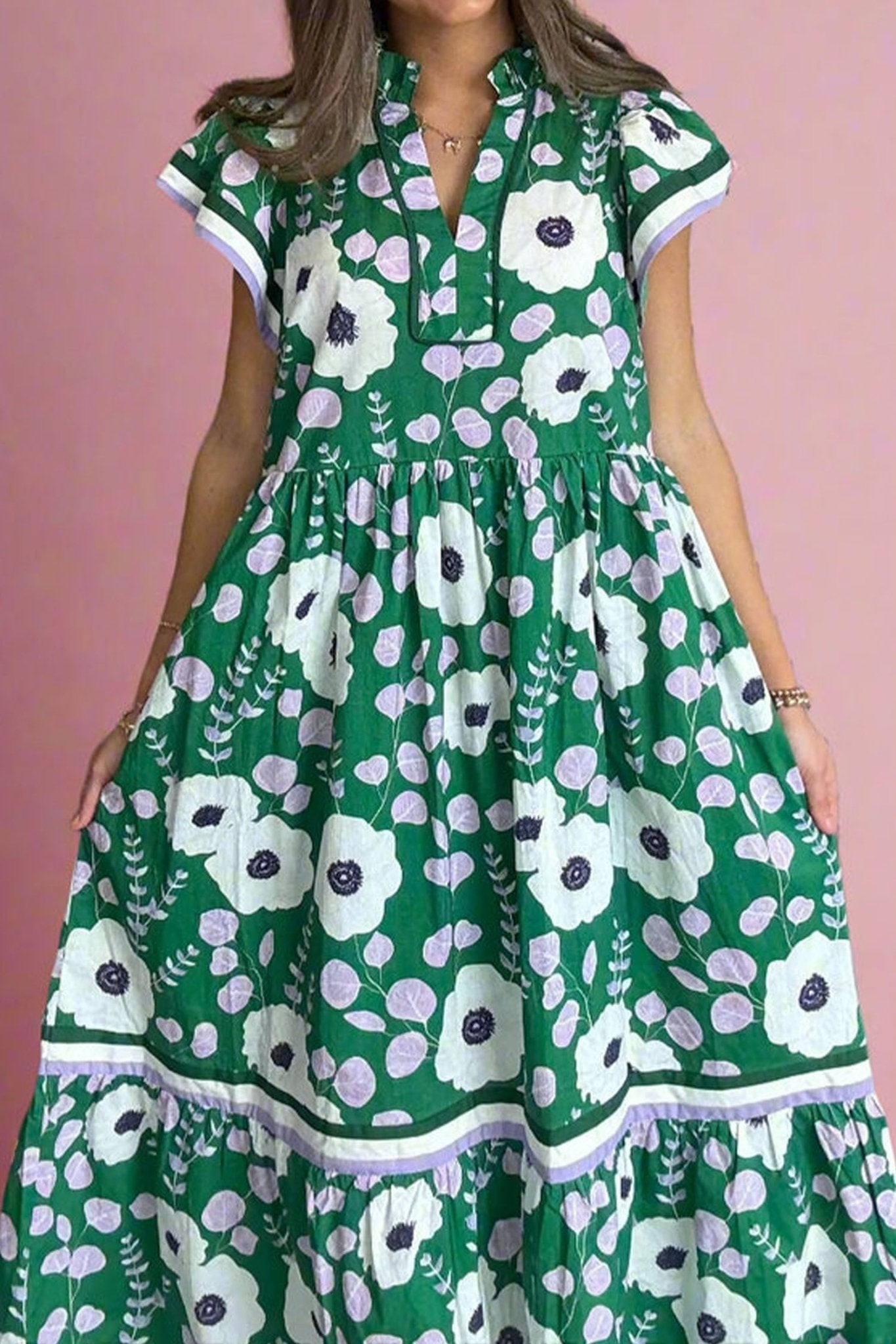 Green V Neck Ruffled Short Sleeve Flower Maxi Dress - Loving It Shop