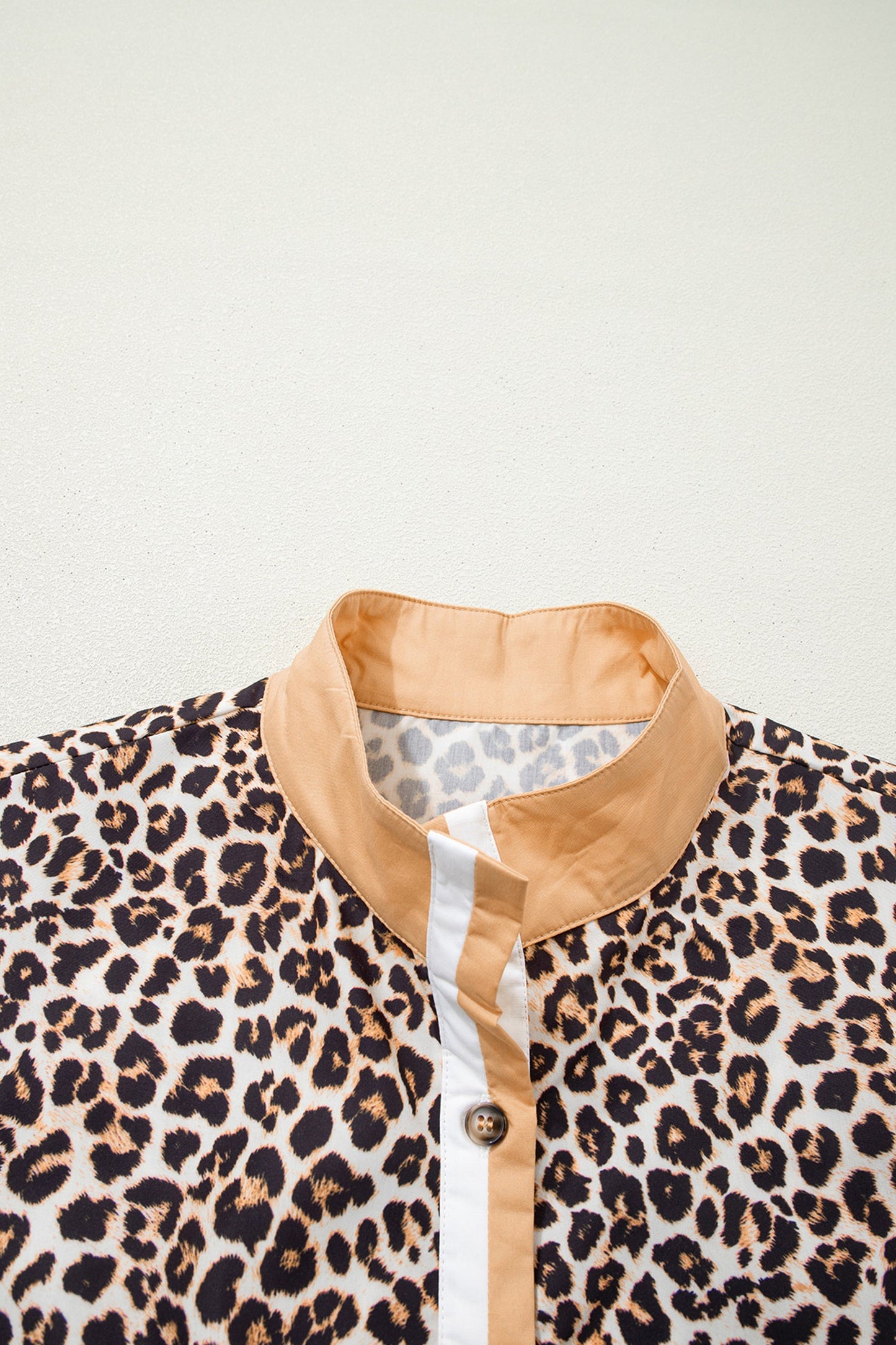 Khaki Button Striped Collar Leopard Print Long Sleeve Flared Dress