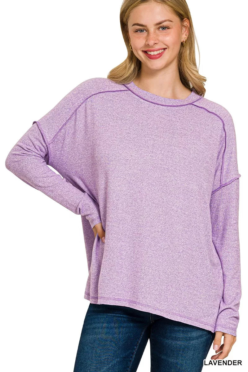 Full Size Melange Hacci Exposed Seam Hi-low Tee Plus Size