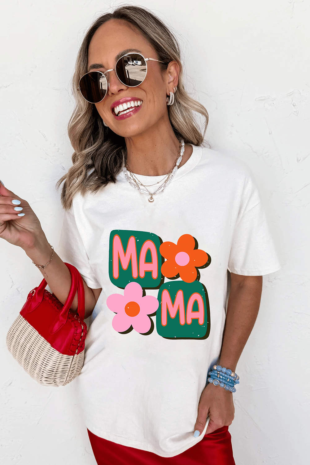 White MAMA Flower Graphic Crewneck Tee - Loving It Shop