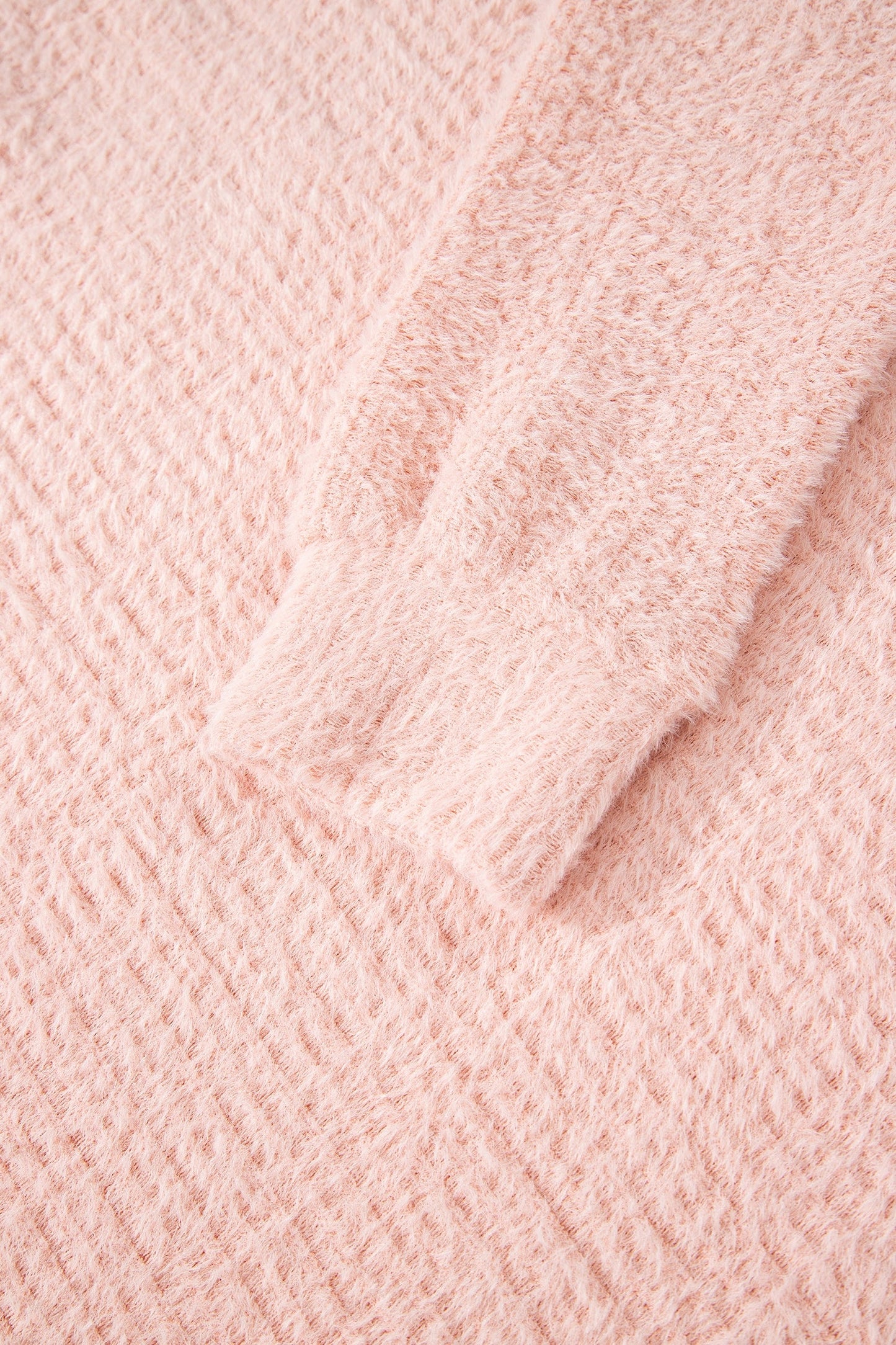Light Pink Fuzzy Ribbed Texture Round Neck Long Sleeve Top