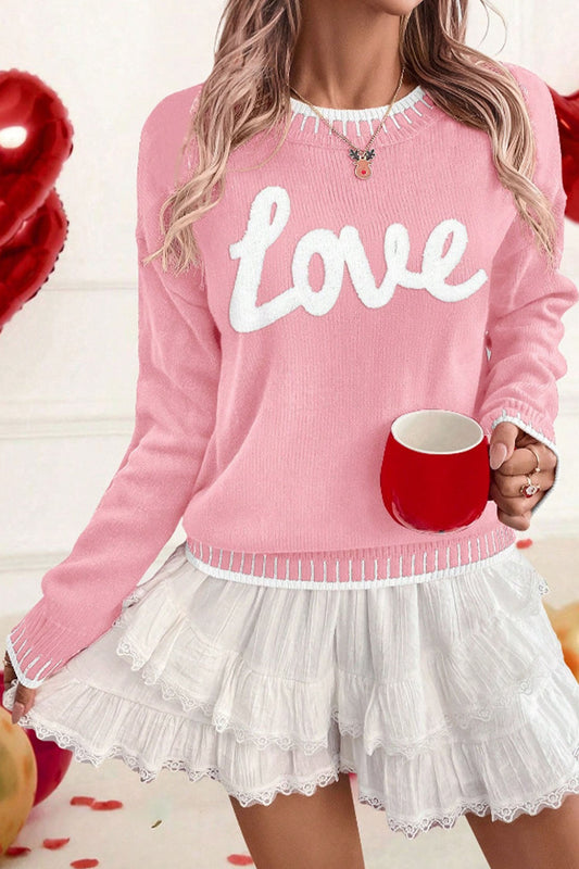 Pink Valentine Love Chenille Letter Graphic Sweater - Loving It Shop