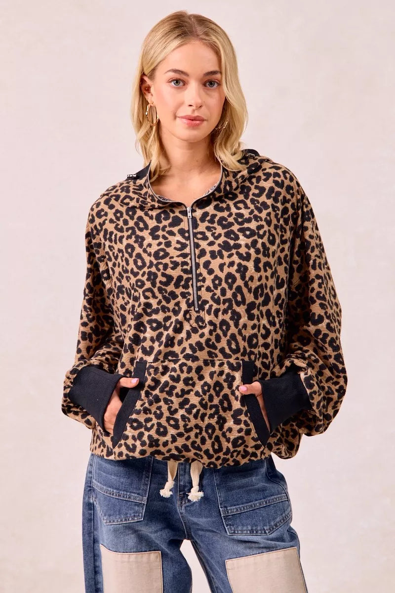 Leopard Print Waffle Half Zip Up Hoodie W Pocket