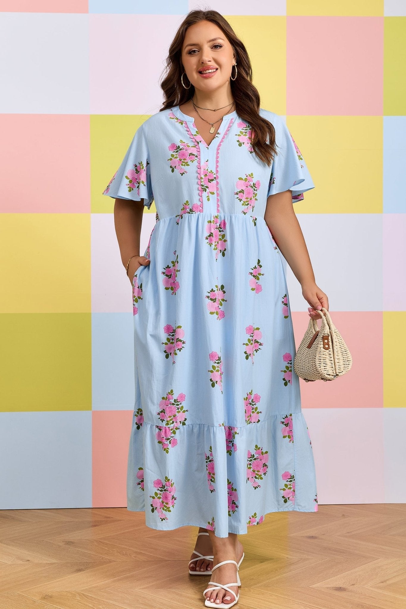 Sky Blue Plus Size Floral Print Scalloped Trim V - Neck Dress - Loving It Shop