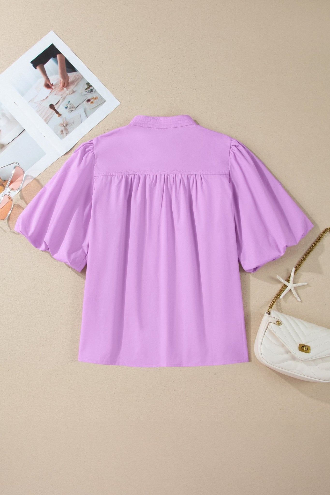 Phalaenopsis Stitched Detail V Neck Puffy Half Sleeve Blouse - Loving It Shop