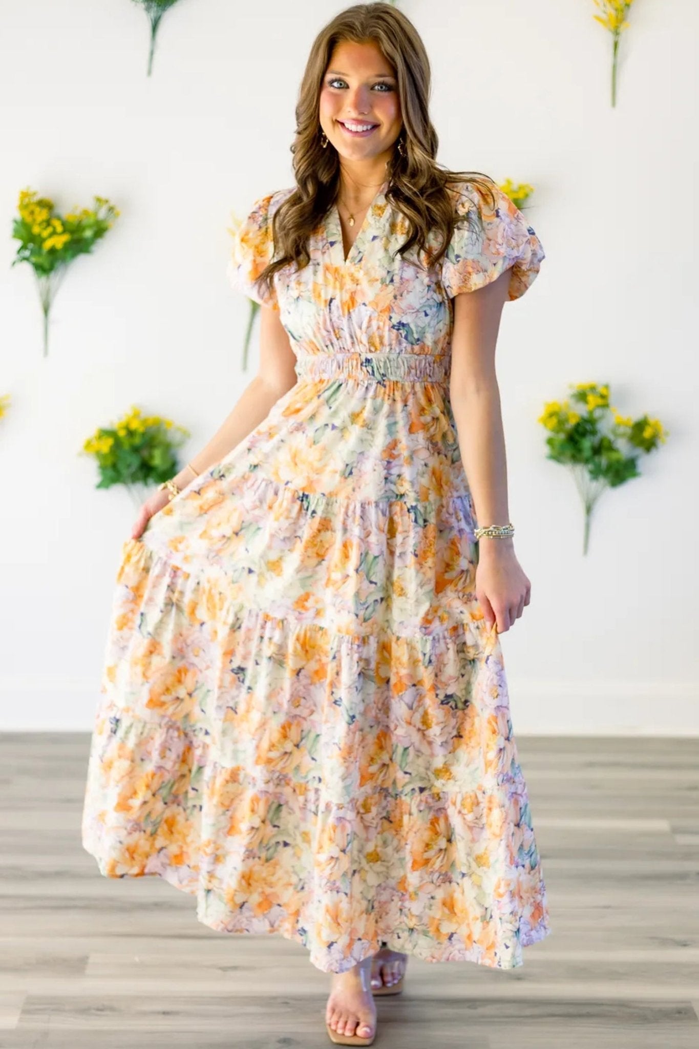 Orange Floral Bubble Sleeve V Neck Flared Maxi Dress - Loving It Shop