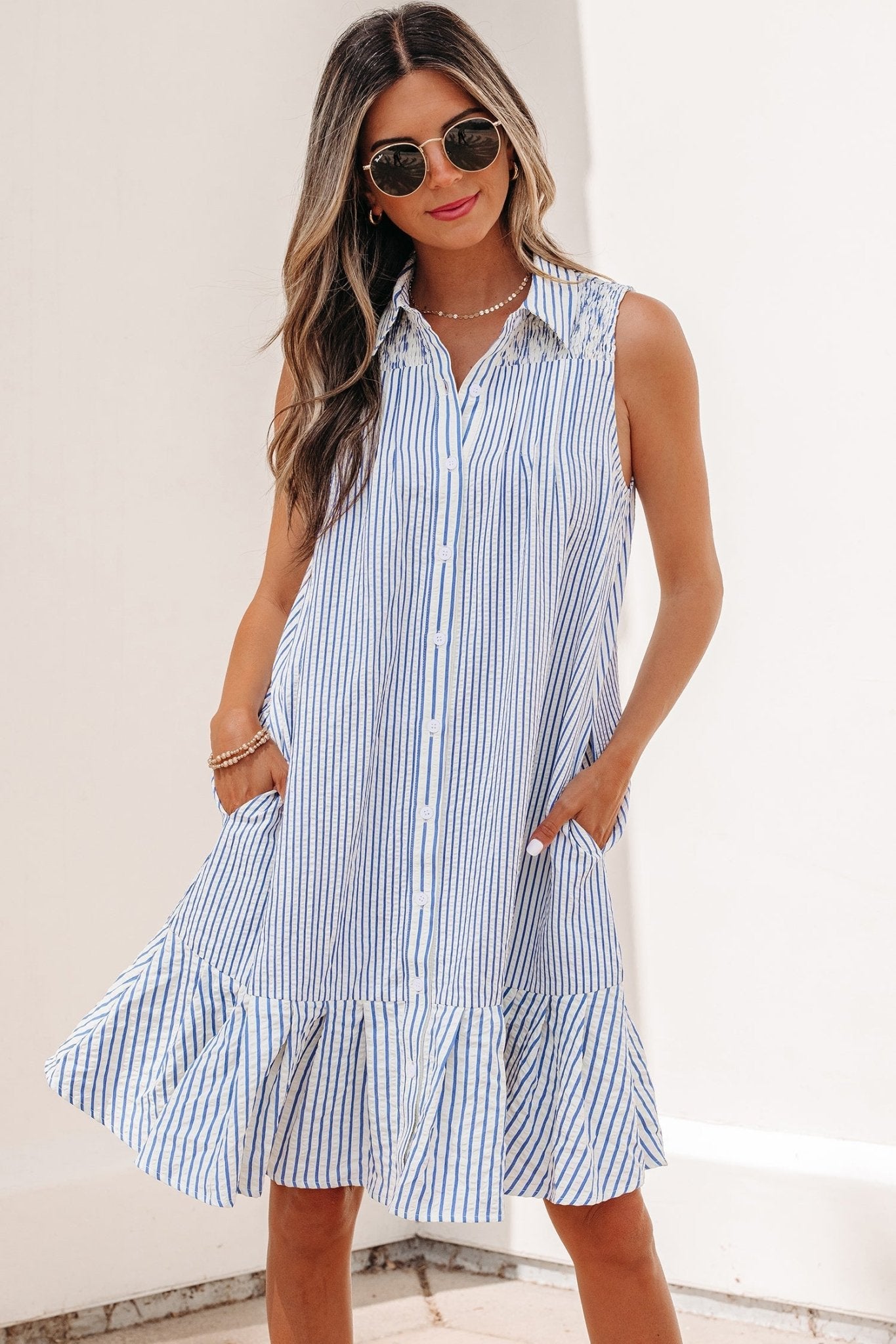 Sky Blue Stripe Shirt Collar Shirred Detail Ruffle Hem Sleeveless Dress - Loving It Shop