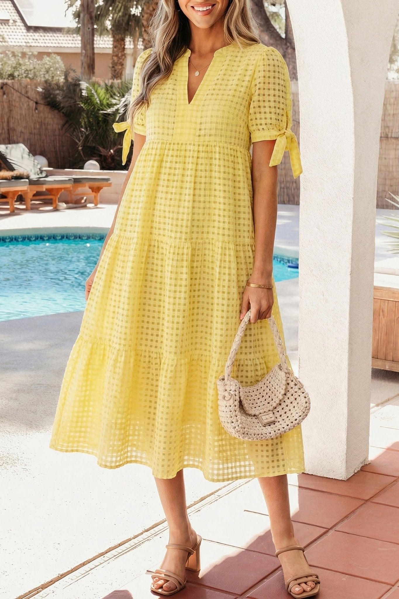 Yellow Gingham Textured Bow Tie Short Sleeve Tiered Midi Dress - Loving It Shop