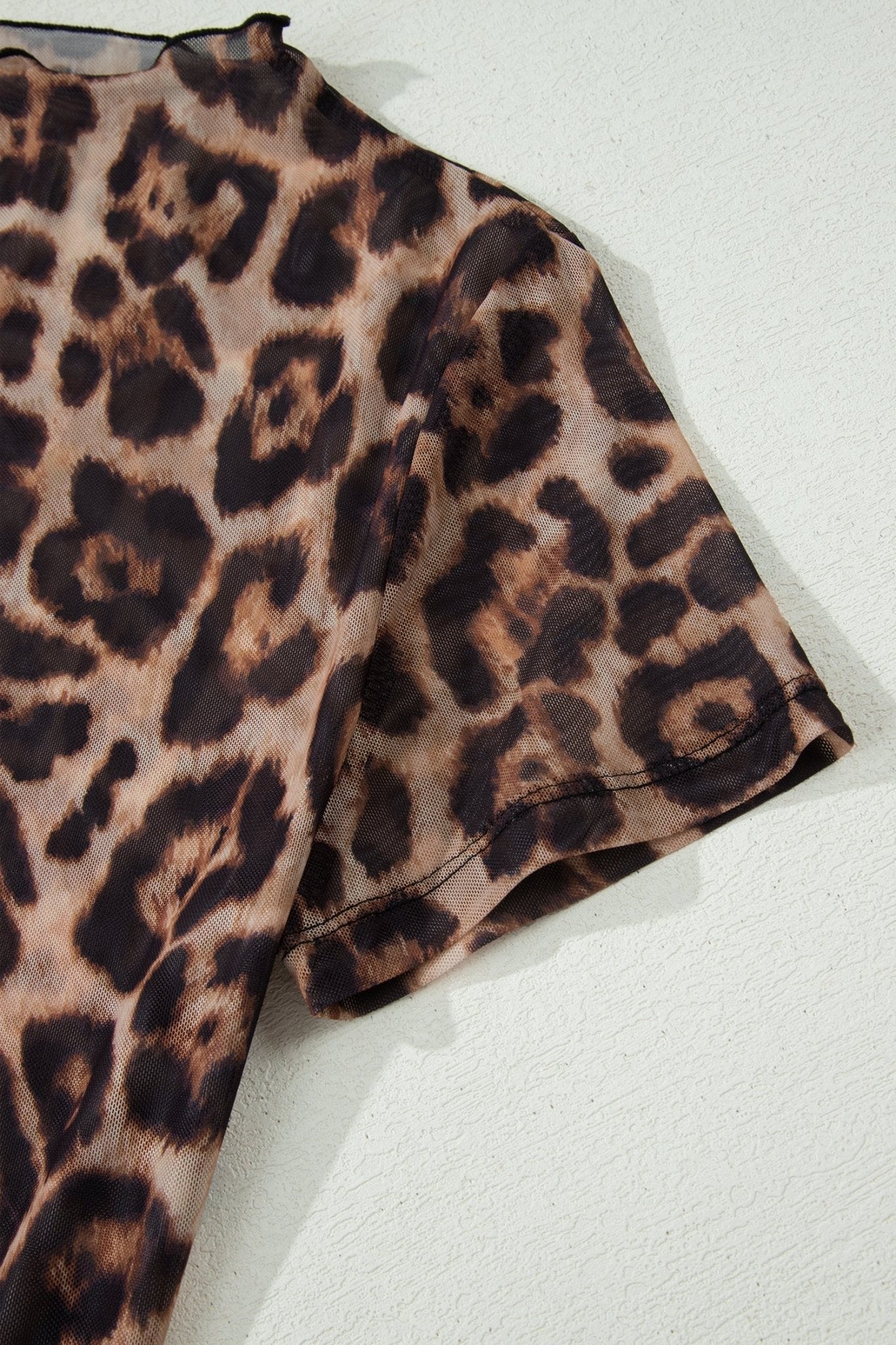 Camel Leopard Printed Mesh Short Sleeve Top - Loving It Shop
