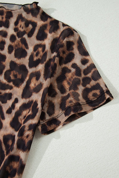 Camel Leopard Printed Mesh Short Sleeve Top - Loving It Shop