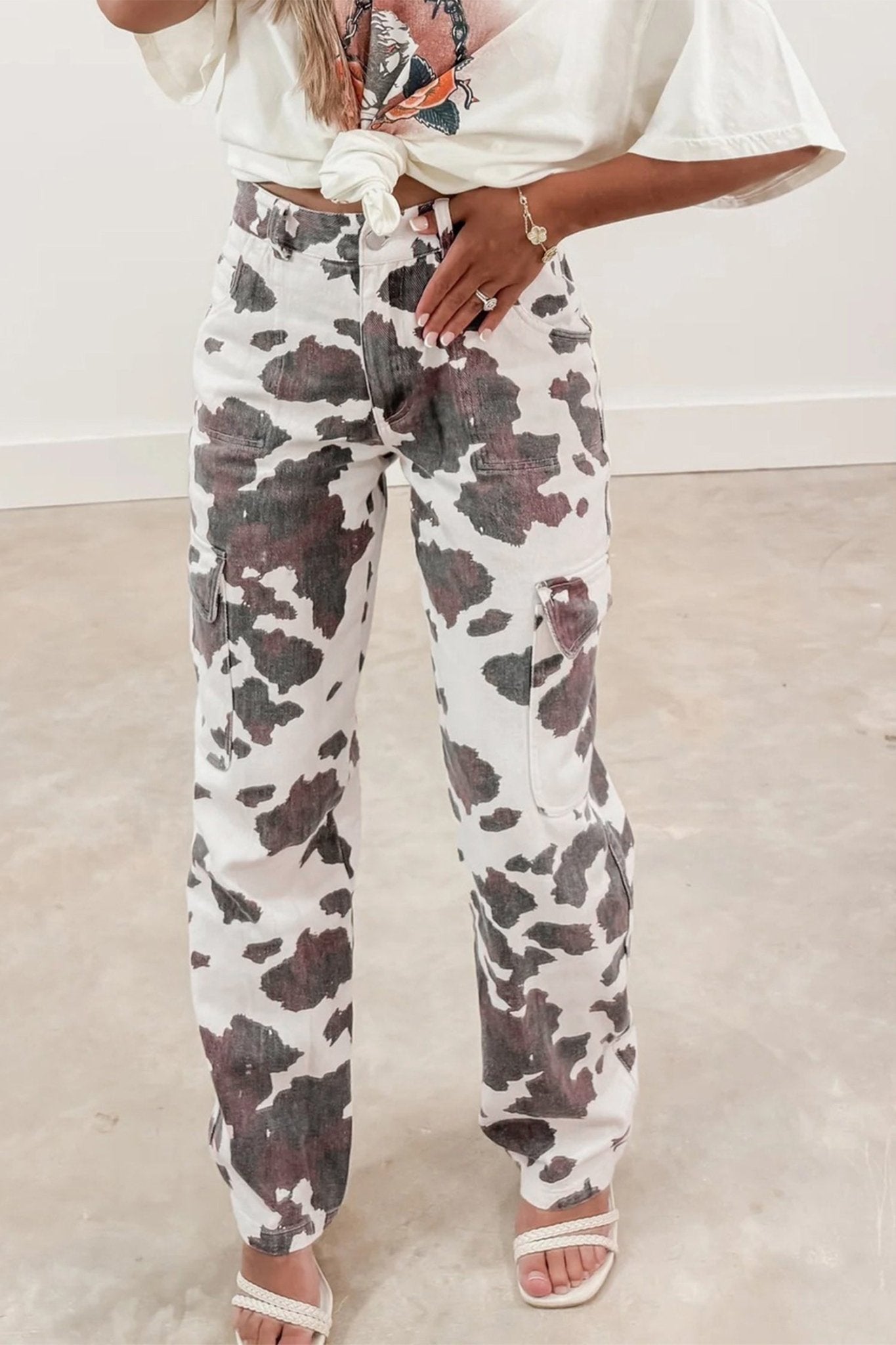 Brown Cow Spots Printed Multi Pocketed Jeans - Loving It Shop