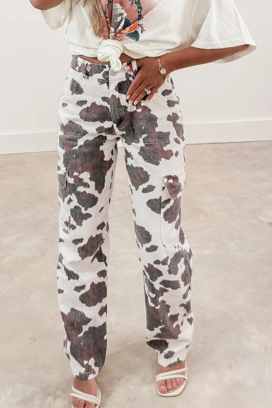Brown Cow Spots Printed Multi Pocketed Jeans - Loving It Shop