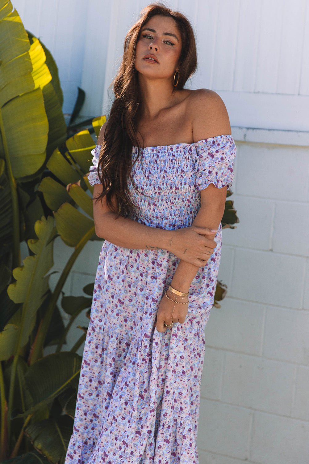 Purple Floral Short Bubble Sleeve Shirred High Waist Maxi Dress - Loving It Shop