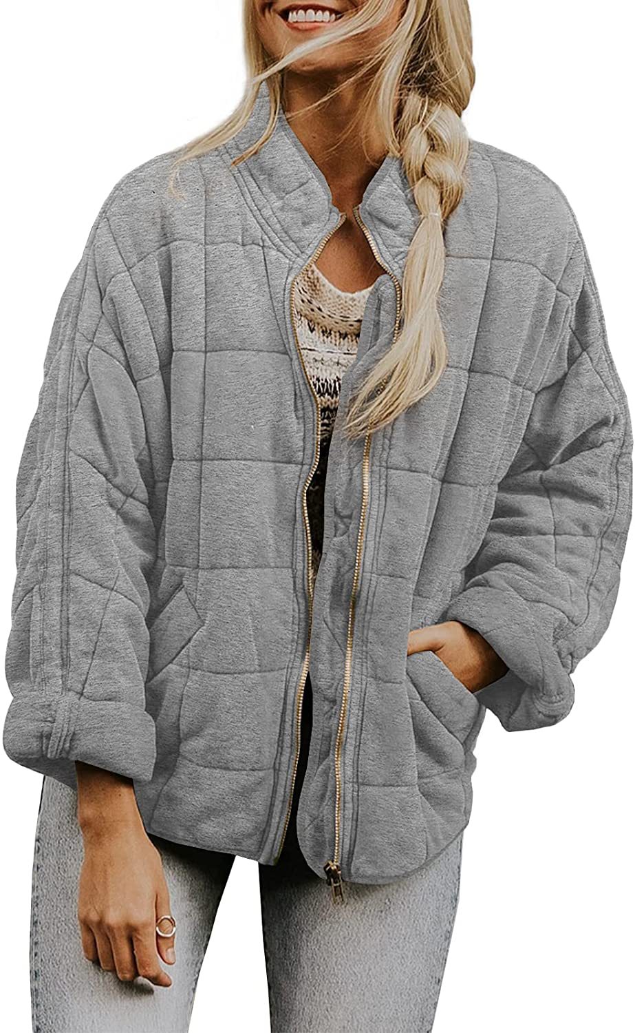 Winter Zip-up Stand Collar Coat With Pockets Fashion Solid Color Plaid Long Sleeved Jacket Women&