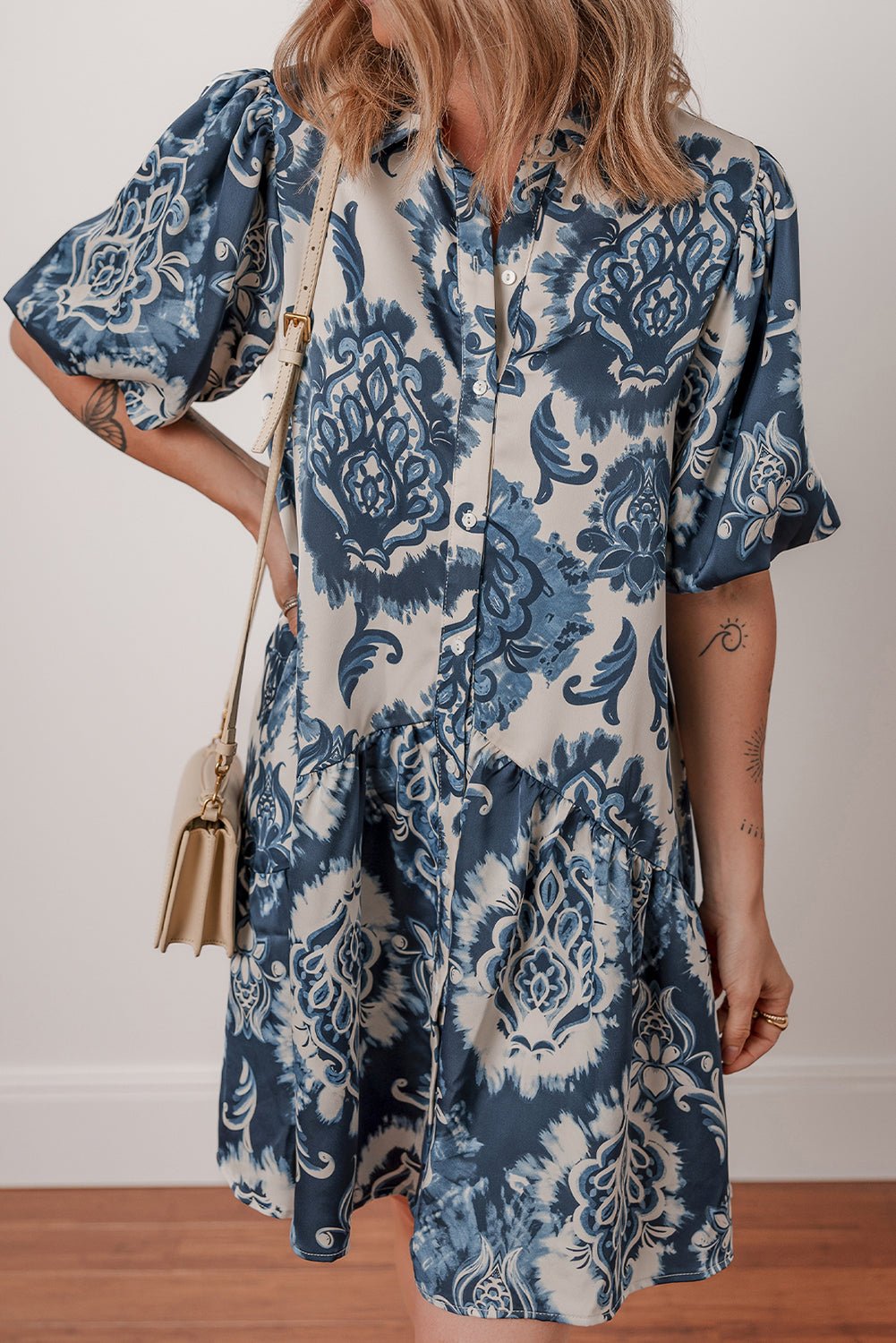 Blue Boho Floral Print Buttoned Collared Loose Fit Mini Dress - Loving It Shop