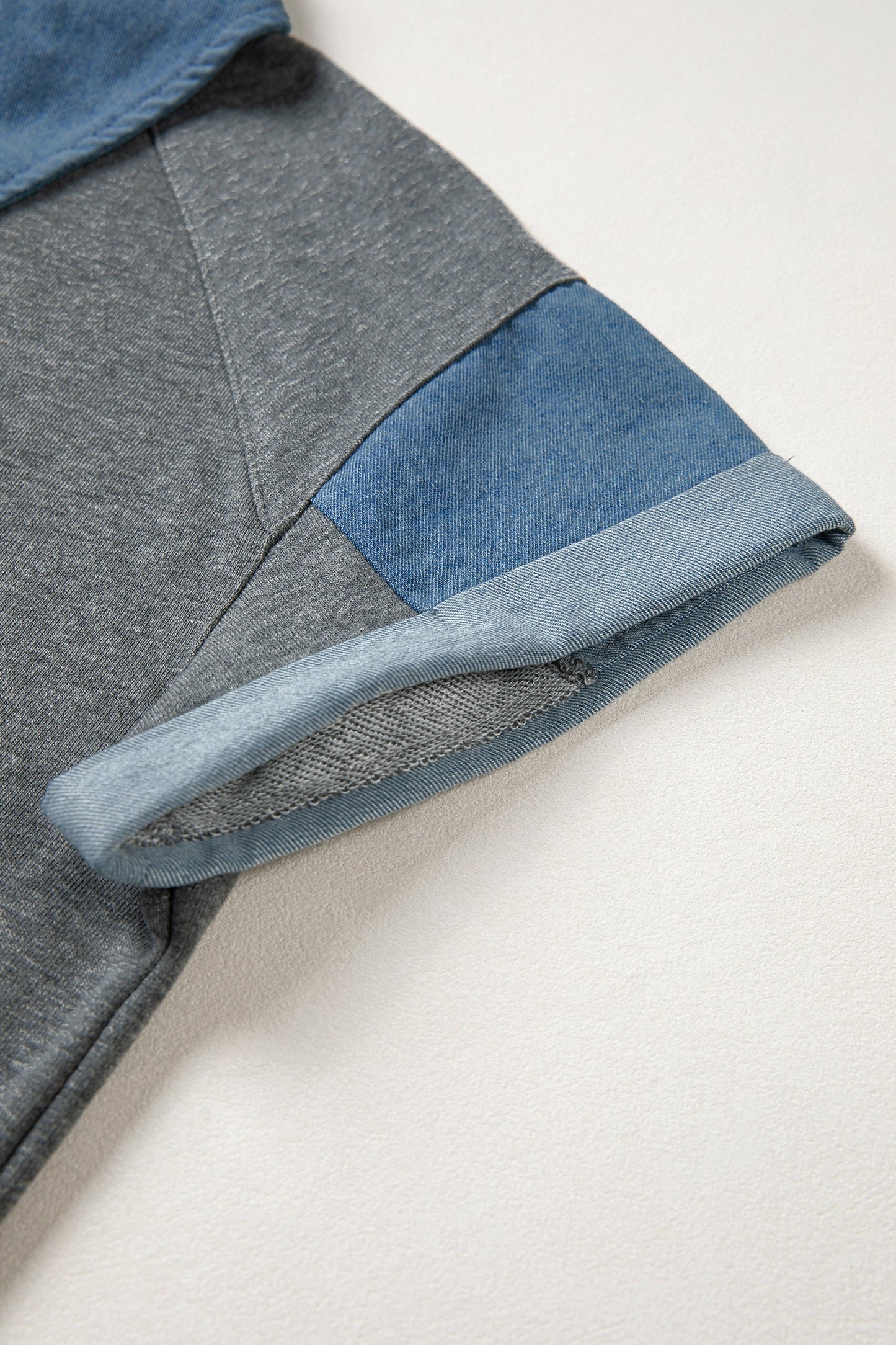 Carbon Grey Denim Color Block Patchwork Shirt Collar Short Sleeve Blouse