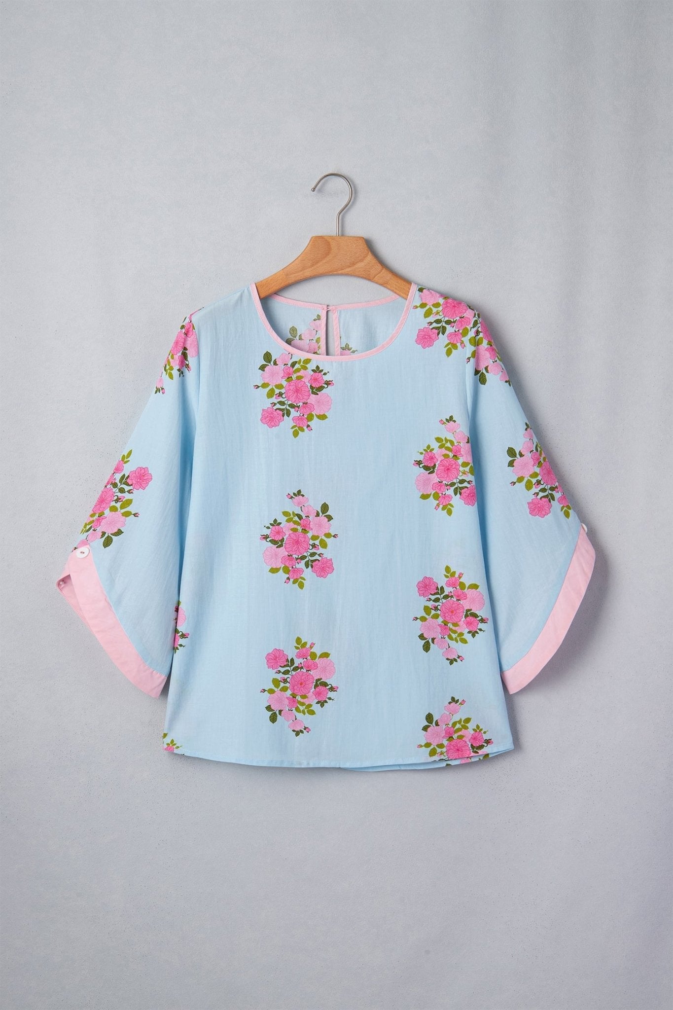 Sky Blue Floral Print Button Cuffed 3/4 Sleeve Round Neck Blouse - Loving It Shop