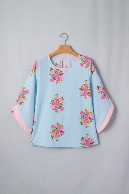 Sky Blue Floral Print Button Cuffed 3/4 Sleeve Round Neck Blouse - Loving It Shop