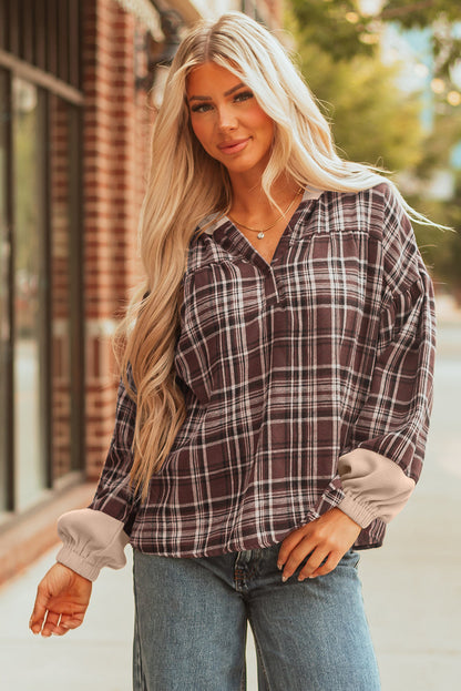 Brown Plaid Patchwork Long Sleeve Button Hooded Blouse